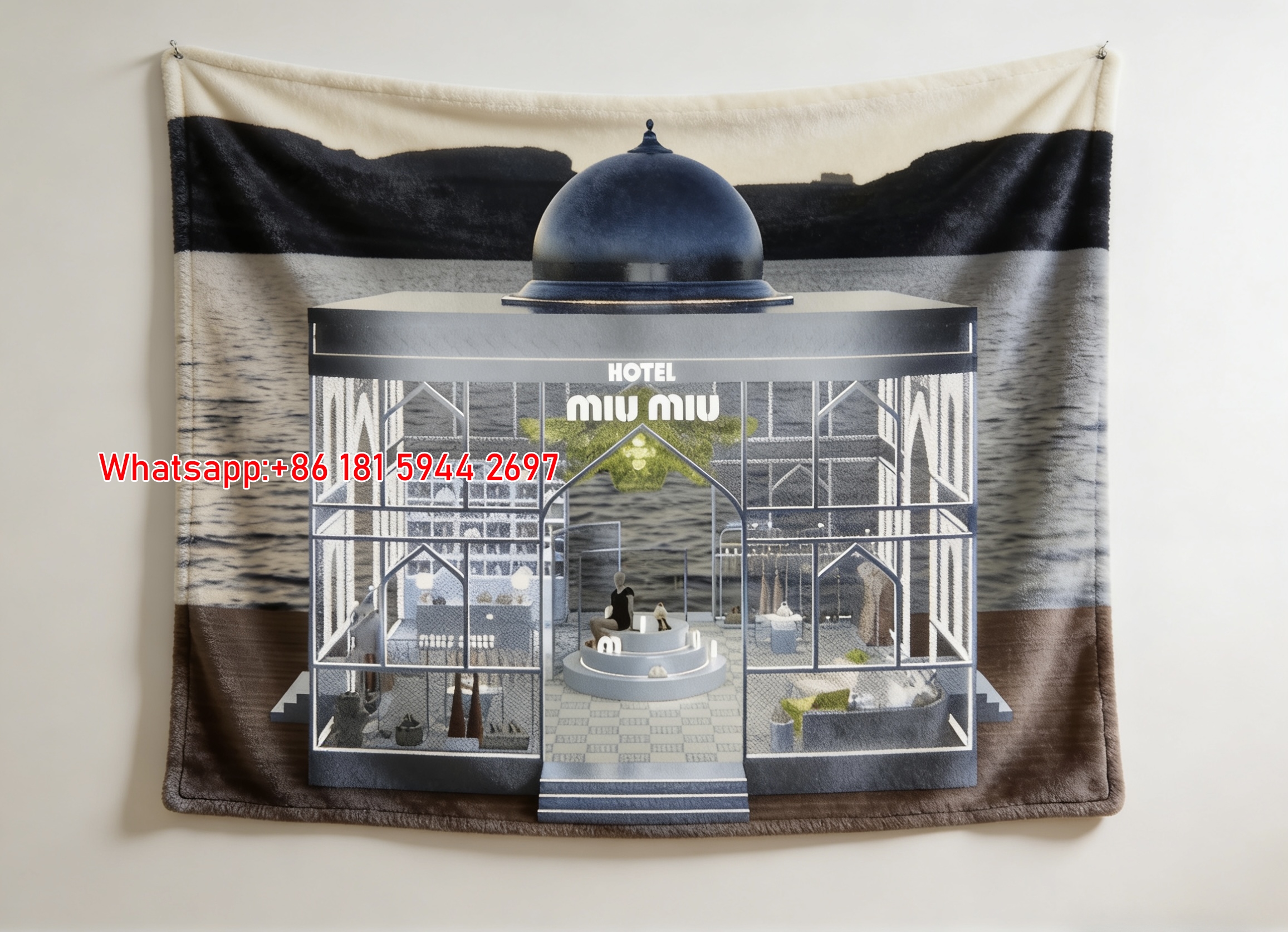 Miu Miu Silver & Blue Lakeside Hotel Pop-Up Print Flannel Sofa Throw Blanket IMG_0532